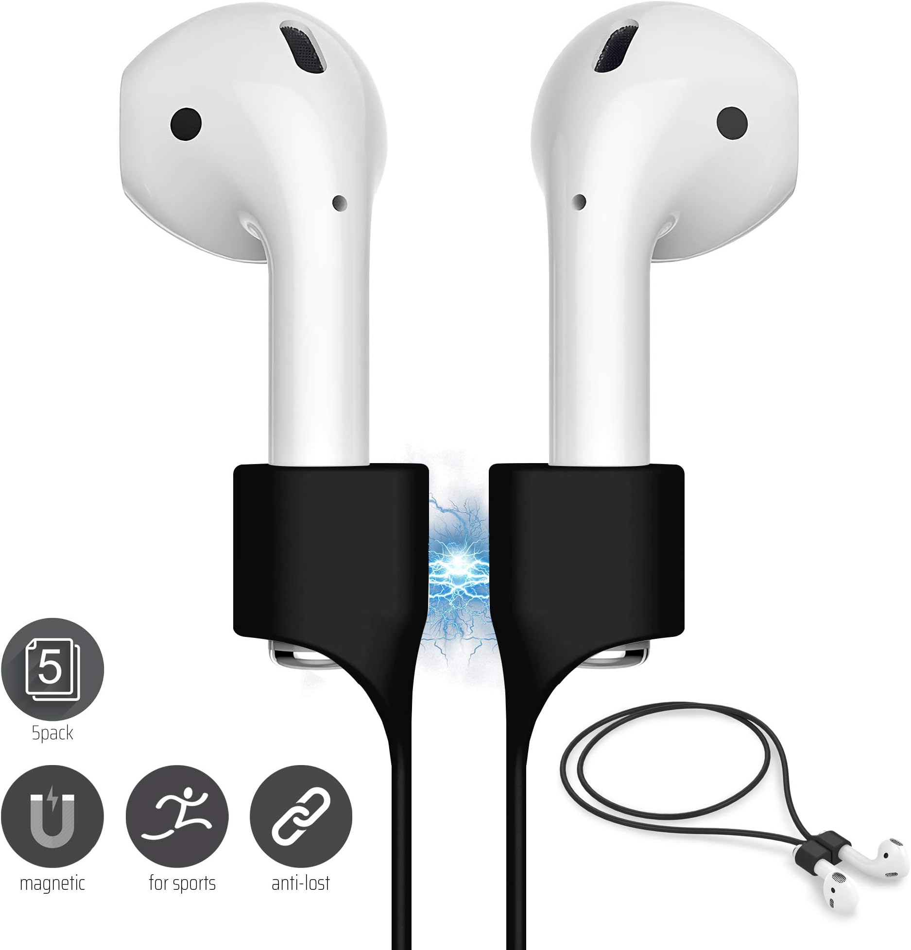 FONY Airpods Strap Magnetic Anti-Lost Cord Sport String Silicone Leash Cable Connector – Accessories for Airpods Pro/2/1 (5 Packs Black)