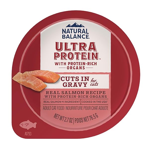 NATURAL BALANCE ULTRA PROTEIN WET CAT FOOD CUTS IN GRAVY, REAL SALMON RECIPE WITH PROTEIN-RICH ORGANS FOR CATS, ORGAN CAT FOOD WITH HIGH PROTEIN – 2.7OZ.