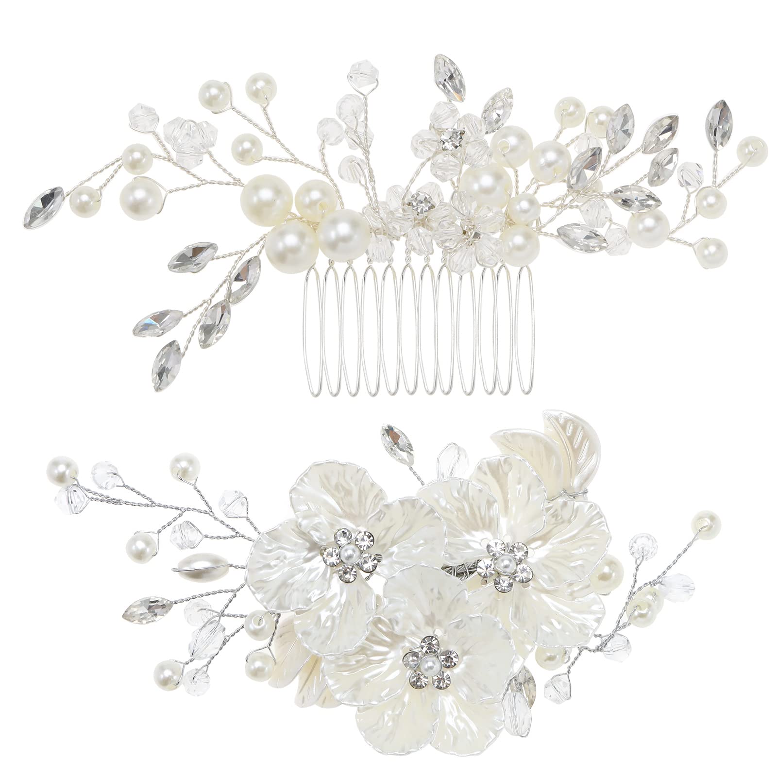 EMSea 2Pcs Pearl White Petal Hair Clips White Crystal Hair Combs Rhinestone Flower Hair Clips Head Pieces Decorative Accessories for Lady Girls Women