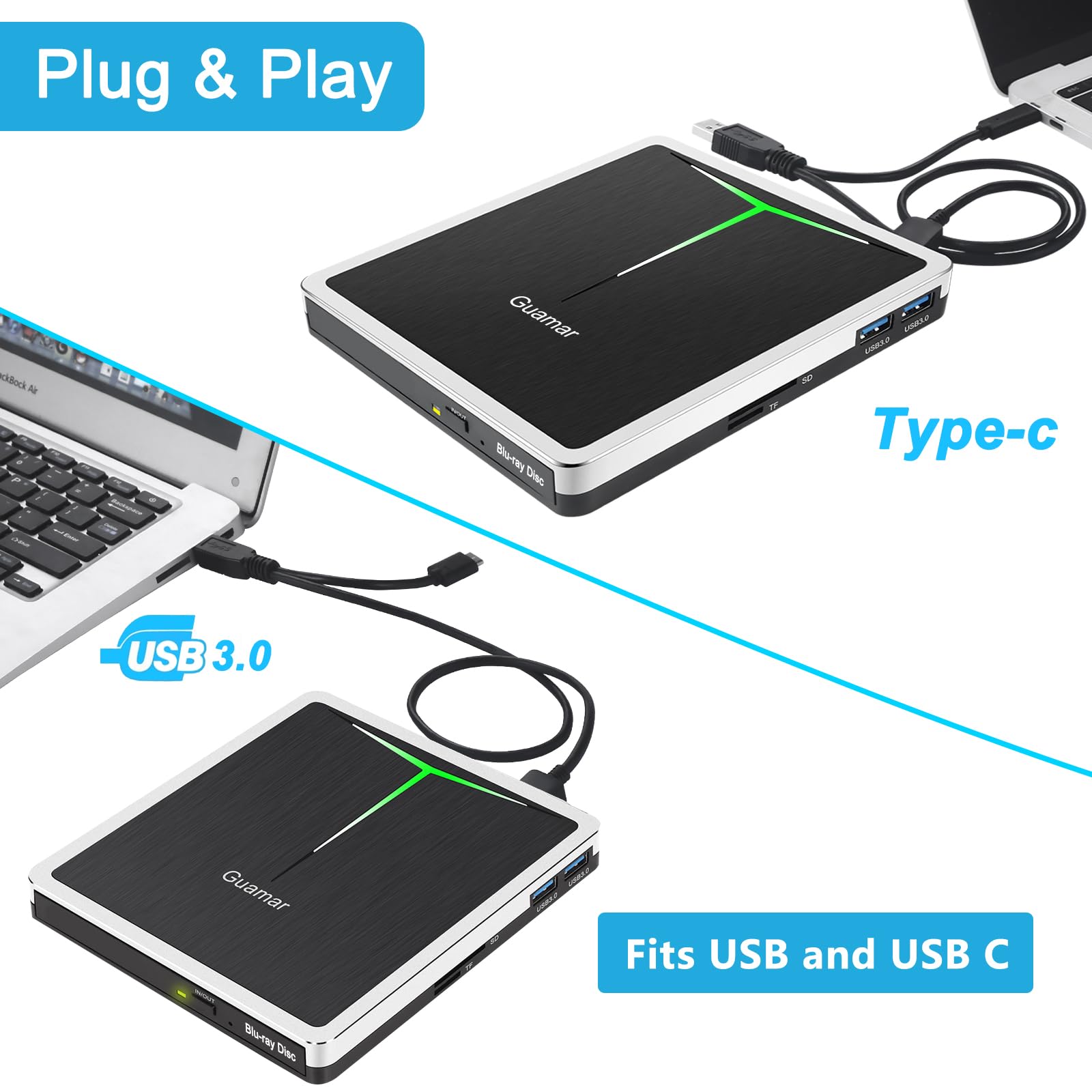 Guamar External Blu Ray Drive: USB 3.0 Type-C Blu Ray Burner with SD/TF Slot/2 USB Ports/Carrying Case - Portable Slim External Blueray/DVD Drive for PC Laptop Mac Windows 11
