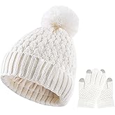 Kids Winter Hat and Gloves Set Girls Fleece Lined Knit Beanie Hats Warm Snow Ski Cap with Pom for Toddler 1-6Years