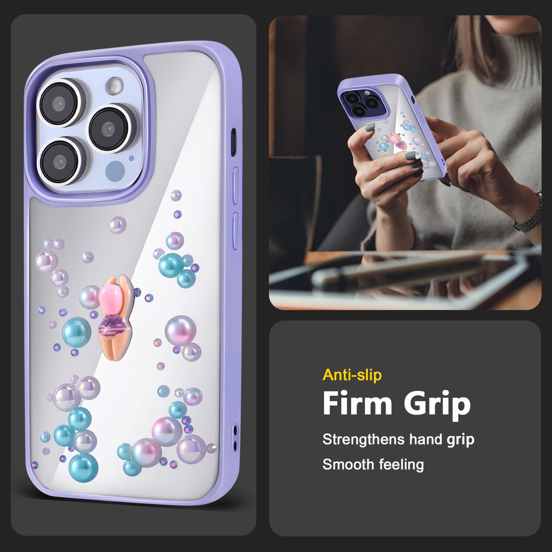 TzoMartico Case for iPhone 15 Pro Case 6.1 inch, Shockproof Hard Case Pearl Cute Case Clear - Purple + Colorful Blue
