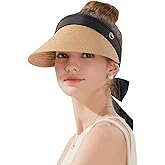 Women's Sun Visor Hats Wide Brim Straw Beach Hat Ponytail Hats for Women Foldable Floppy