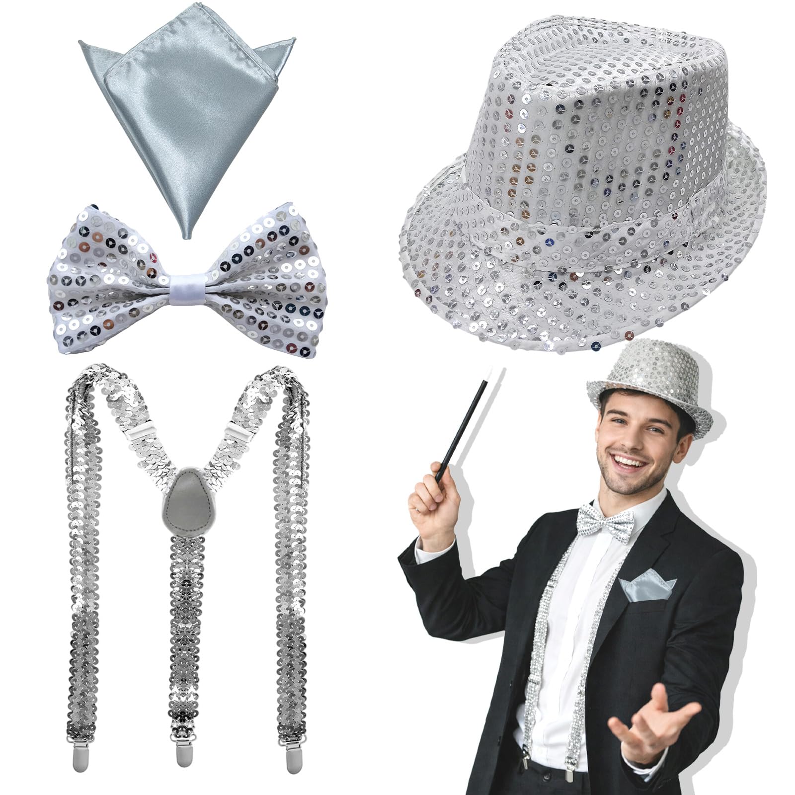 MUNSKT Men's Glitter Costume, Sequin Cylinder Hat Bow Tie Braces Handkerchiefs for Carnival Fancy Dress Theme Party, Glitter Accessories
