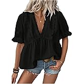 SweatyRocks Women's Plus Size Short Sleeve Peplum Blouse Frilled V Neck Swiss Dots Tops