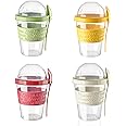 DGRS MARKET 4 Pack 20 oz Breakfast Cereal On the Go Cups with Spoon- Portable Take'n Go Yogurt Container Cup with Top Lids- Milk- Snack- Fruit Cup for Travel (4- Mix)