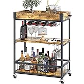 Azheruol Wine Serving Bar Cart 3 Tiers Large Home Trolley Rolling Wine Rack with Wheels Mobile Kitchen Serving Cart,Industria