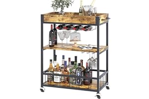 Azheruol Bar Cart Serving Wine 3 Tier Home Rolling Rack with Wheels Mobile Kitchen Industrial Vintage Style Wood Metal Serving Trolley Serving Cart,Glass Holder Bar Cabinet