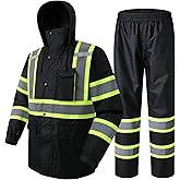 JKSafety Hi-Vis Reflective Safety Rain Jacket and Pants for Men Women Waterproof Rain Gears for Farming Fishing Work HV Rain Suit with Inner Mesh Lining and Pockets (117-Black XL)