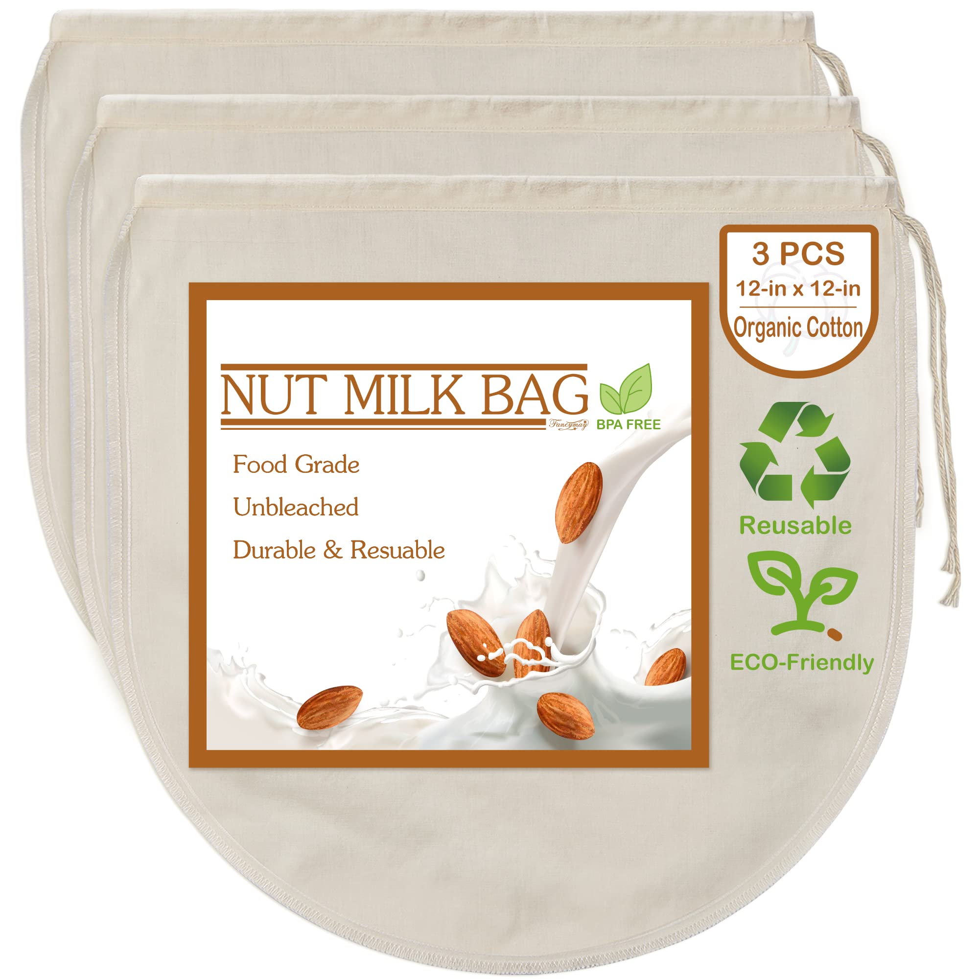Photo 1 of 3 PCS 12"x12" Nut Milk Bags - 100% Unbleached Cotton Cheesecloth, Reusable Food Strainer Colander For Straining Almond/Oat Milk, Celery Juice, Cold Brew Coffee, Yogurt and Cheese Making