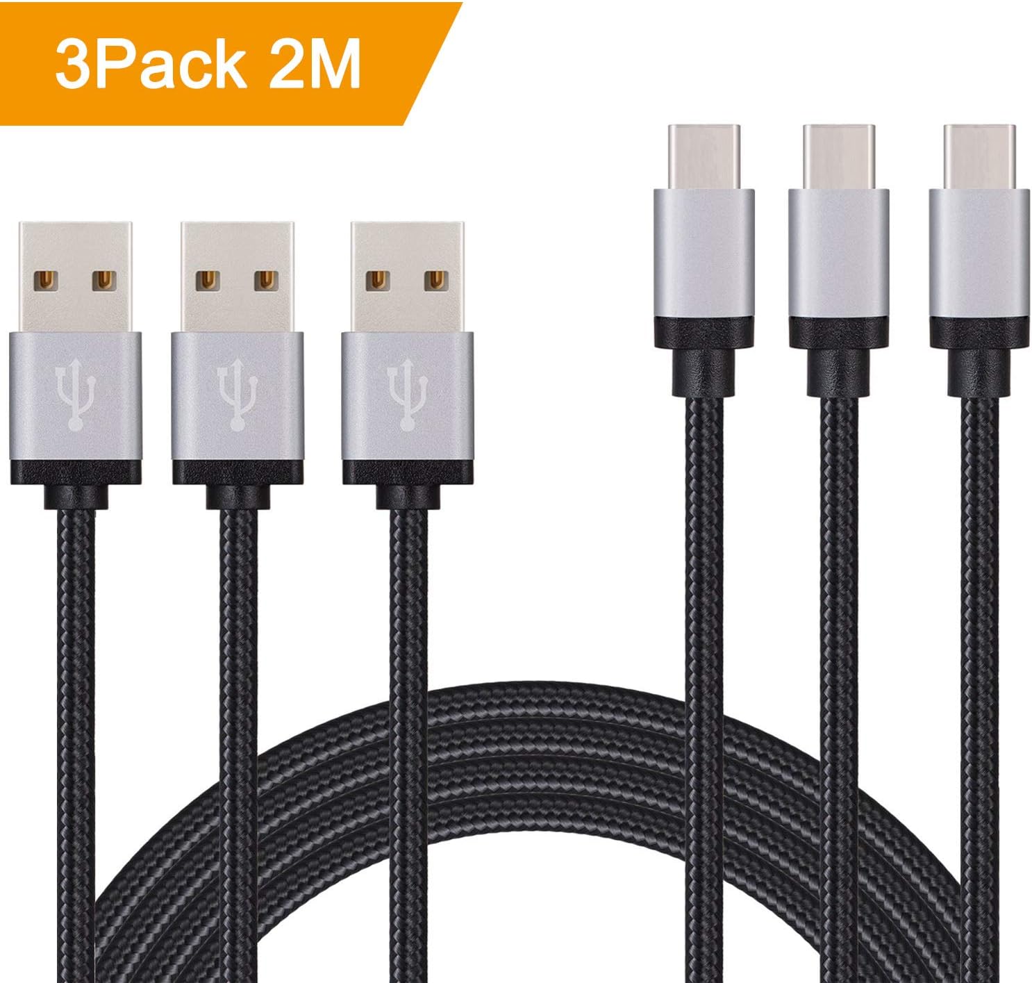 USB C Cable, Duractron 3Pack 2M Type-c Cables Nylon Braided Charging Cable with Reversible Connector for New Apple Macbook,Samsung,Huawei,Google Pixel,Nokia, Nexus, OnePlus, Lumia - Black