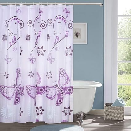 HISCIN Impression PVC Printed Leaf Bathroom Shower Curtain 6 feet with Hooks (Multicolour)