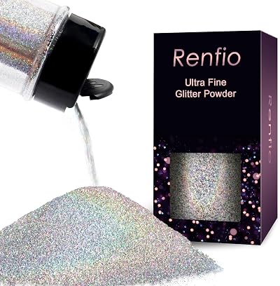 Renfio Holographic Ultra Fine Glitter Powder 60g Silver Resin Flakes 1/128"