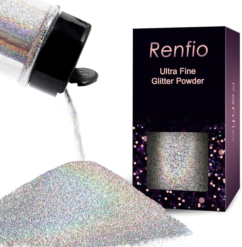 Renfio Holographic Ultra Fine Glitter Powder 60g Silver Resin Flakes 1/128"