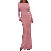 PRETTYGARDEN Women's Fall Fashion 2026 Long Sleeve Maxi Dress Ribbed Knit Boat Neck Bodycon Casual Dresses Going Out Outfits