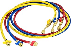 Drako-Myxx Upgraded 1/4" A2L Refrigerant Hose, 72" HVAC Hoses, Compact Ball Valve Refrigerant Hose Kit for R-1234YF R-134A R-410A Standard 1/4" x 1/4" Flare Fittings, Yellow/Red/Blue (Pack of 3)