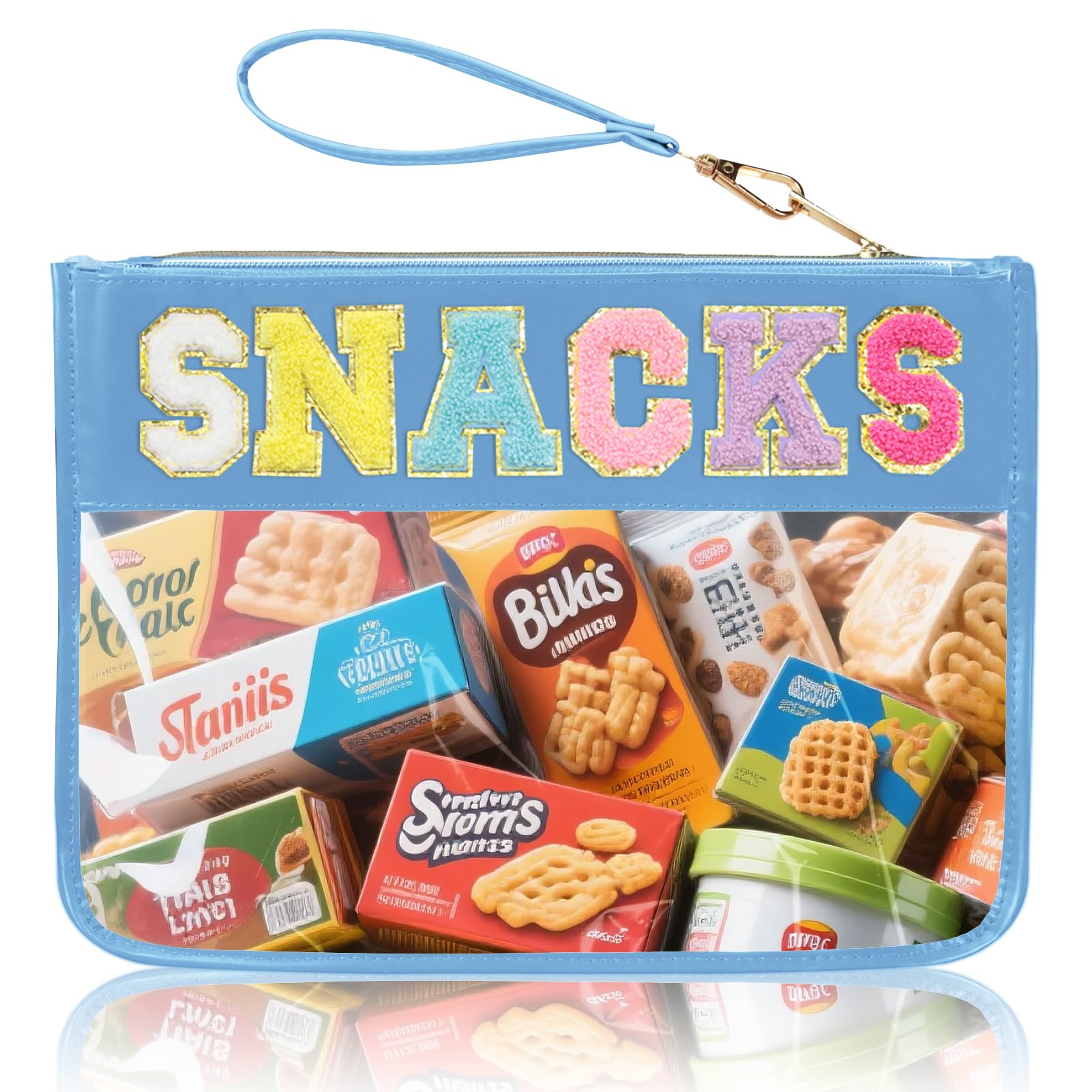 Photo 1 of Siwara Snack Bags Clear Pouch Travel Makeup Bag Chenille Letter Bags for Zipper Pouch Clear Cosmetic Clearly Tote Bag Makeup Travel Bags for Women (Blue-Snack)