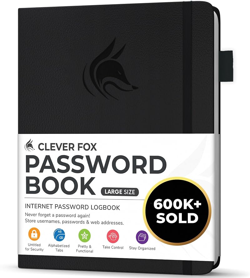 Clever Fox Password Book with Alphabetical Tabs Black Large 18x25 cm
