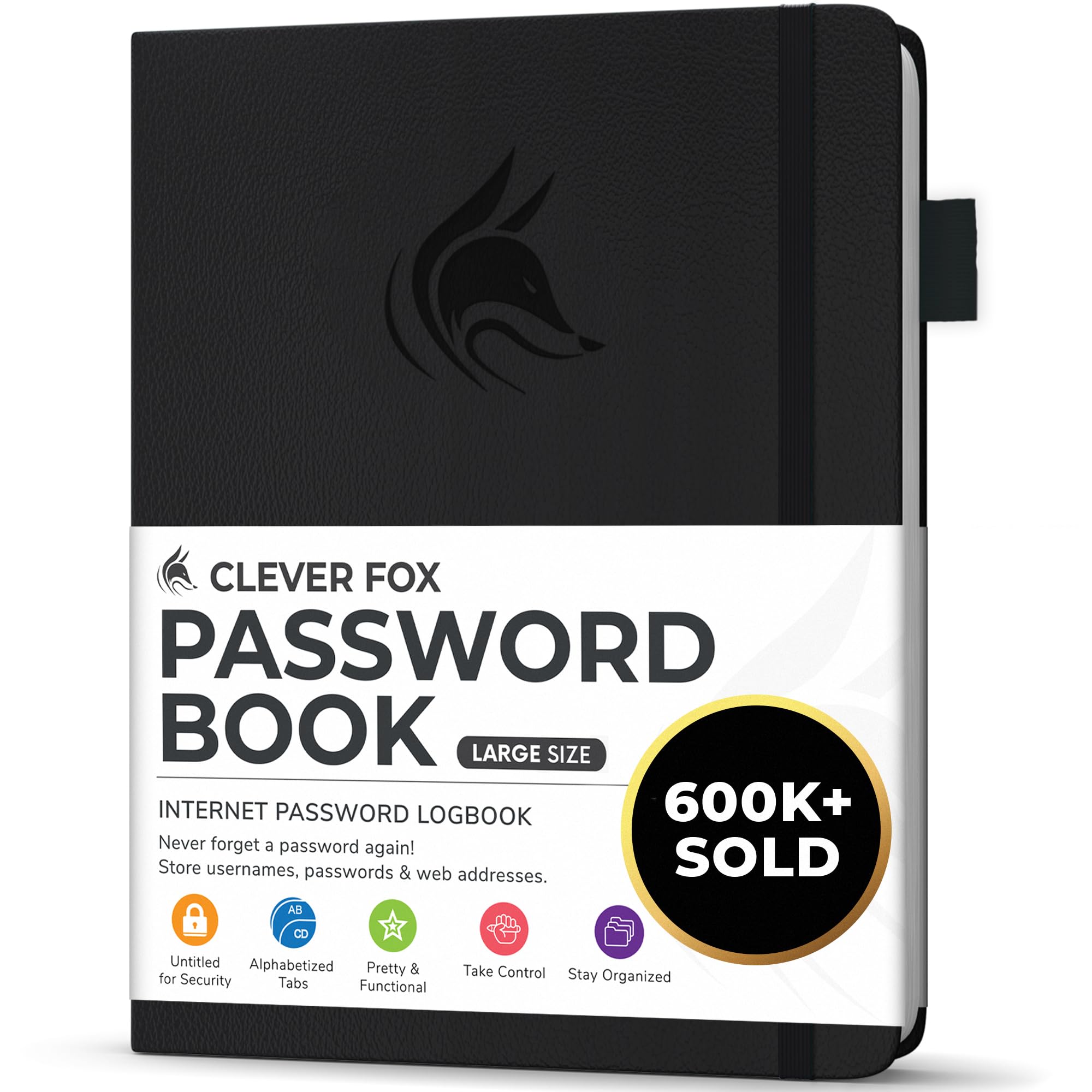 Photo 1 of Clever Fox Password Book with alphabetical tabs. Internet Address Organizer Logbook. Large Password Keeper for Website Logins (Black)
