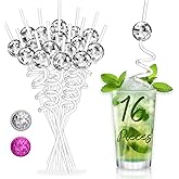 16PCS Disco Party Decorations, Mini Disco Ball Decor Reusable Straw, 70s Disco Ball Straws for Bachelorette Party Decorations Birthday Supplies (Silver)