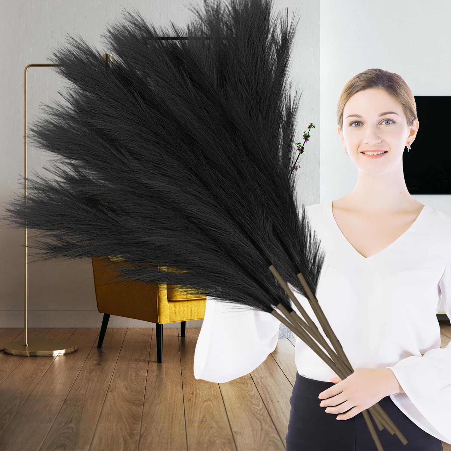 Lighterday 6 Pcs Pampas Grass Artificial 43"/110cm Large Tall Fluffy Faux Pampas Grass for Wedding Living Room Bedroom Boho Home Decor (Black)