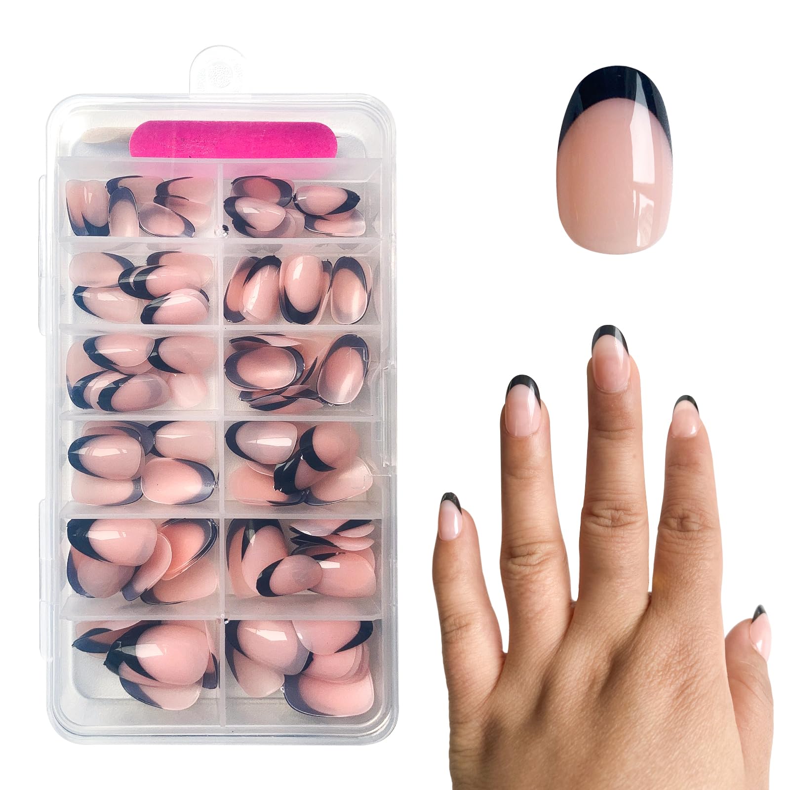 ZAHRVIA French Press on Nails Kit, 120Pcs Short Ellipses Fake Nails French Black Tip Nude Color False Nail Glossy Full Cover (Short Ellipses Black)