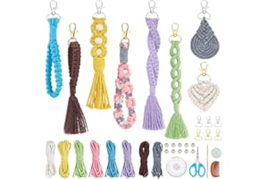INFUNLY 8 Set DIY Macrame Wristlet Keychain Kits for Adults Colorful Macrame Cord Knotting Kit Boho Mini Macrame Tassel Keychain with Instruction + Video for Car Key Purse Phone Wallet Charm