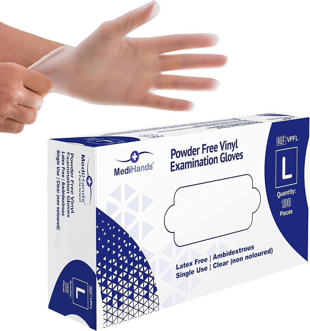 Farla Medical MediHands Vinyl Gloves Large 100 Count Powder Free Latex Free