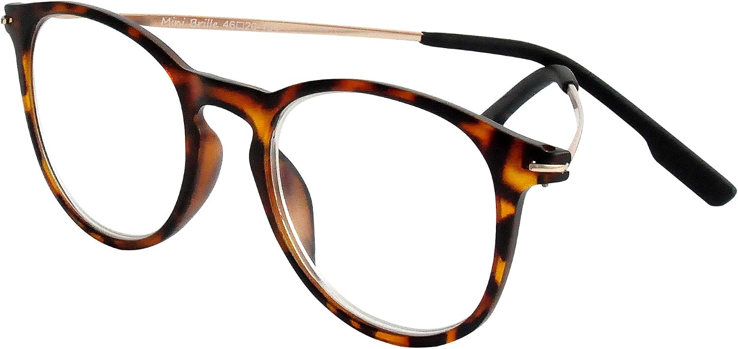 Mini Brille, Nerd Reading Glasses with Large Round Lenses, FREE Pouch, Plastic Frame with Metal Temples (Tortoiseshell brown) - Image 4