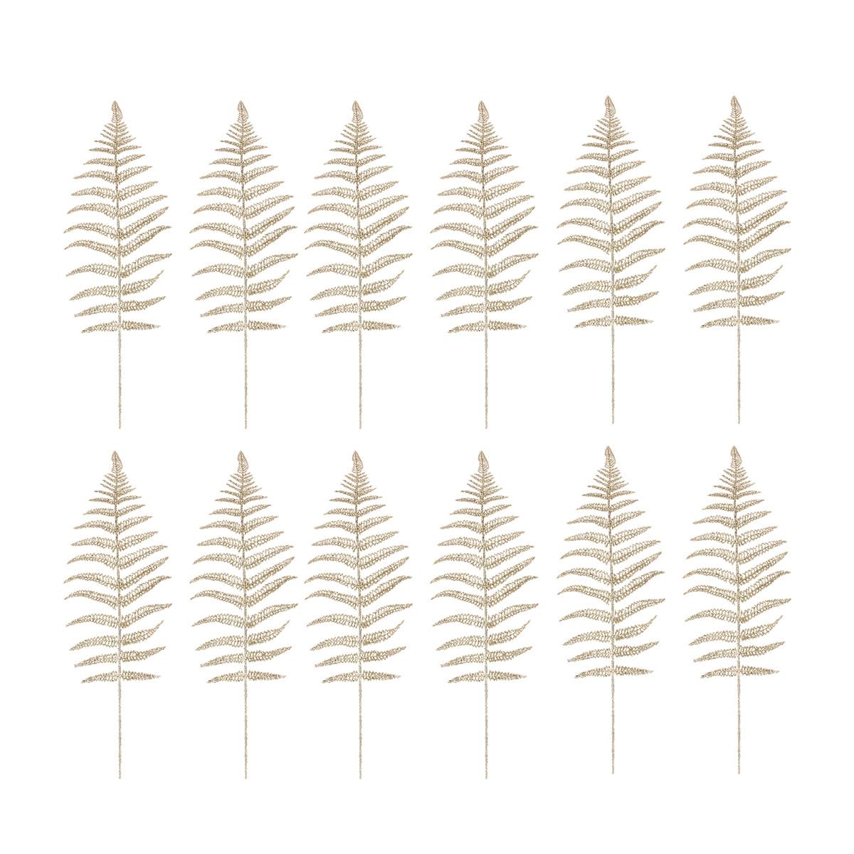 NUOBESTY 12pcs Christmas Glitter Leaves Artificial Fern Bush Tropical Leaf Decor for Wedding Christmas Flower Arrangements Wreaths Holiday Tree Decorations (Golden)