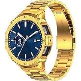 BAITEYOU Stainless Steel Bands with Case Compatible with Samsung Galaxy Watch 7 44mm, Rugged Protective Case Cover and Metal Band for Samsung Galaxy Watch 7 44mm for Men (Gold)