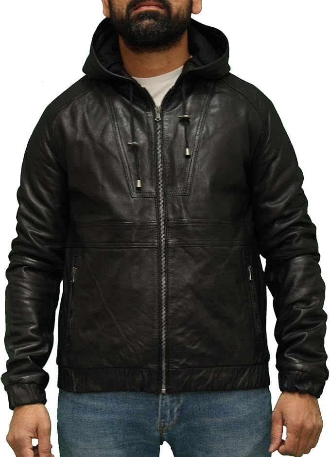 Men's Hooded Leather Jacket with Shoulder and Elbow Patch Diamond