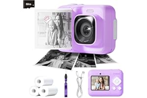ETIKEZ Instant Print Camera for Kids, HD Digital Camera, Christmas Birthday Gifts for 4 5 6 7 8 9 10 Year Old Girls Boys, Portable Toy Printer with 32GB SD Card & 3 Rolls Printing Paper, Plum