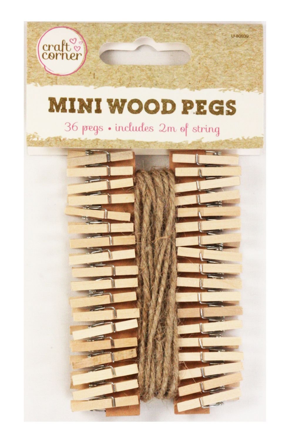 36 Mini Wooden Pegs with 2m of Jute String Christmas Cards Photos Notes