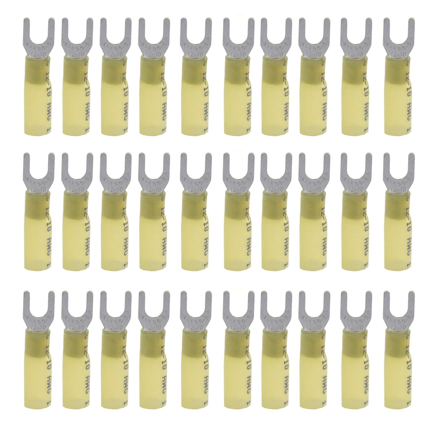 CEEYSEE 50PCS Heat Shrink Fork Connectors M5 Yellow 12-10 AWG Insulated Electrical Wire Crimp Connectors Terminal（RFY)