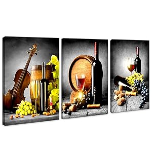 HUADAOART Kitchen Wall Art Decor Canvas Artwork Fruits Grapes Wine Bottle Foods Canvas Painting - 3 Pieces Canvas Art Contemporary Nature Pictures for Dining Room Wall Decor Home Decoration 16x24inch