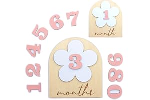 OENIZI Baby Monthly Milestone, Wooden Baby Milestone Signs, Monthly Milestone Wood Discs, Baby Milestone Discs, Baby Photo Props Cards Interchangeable Number Set of 12 for Baby Growth Recording (Baby flower)