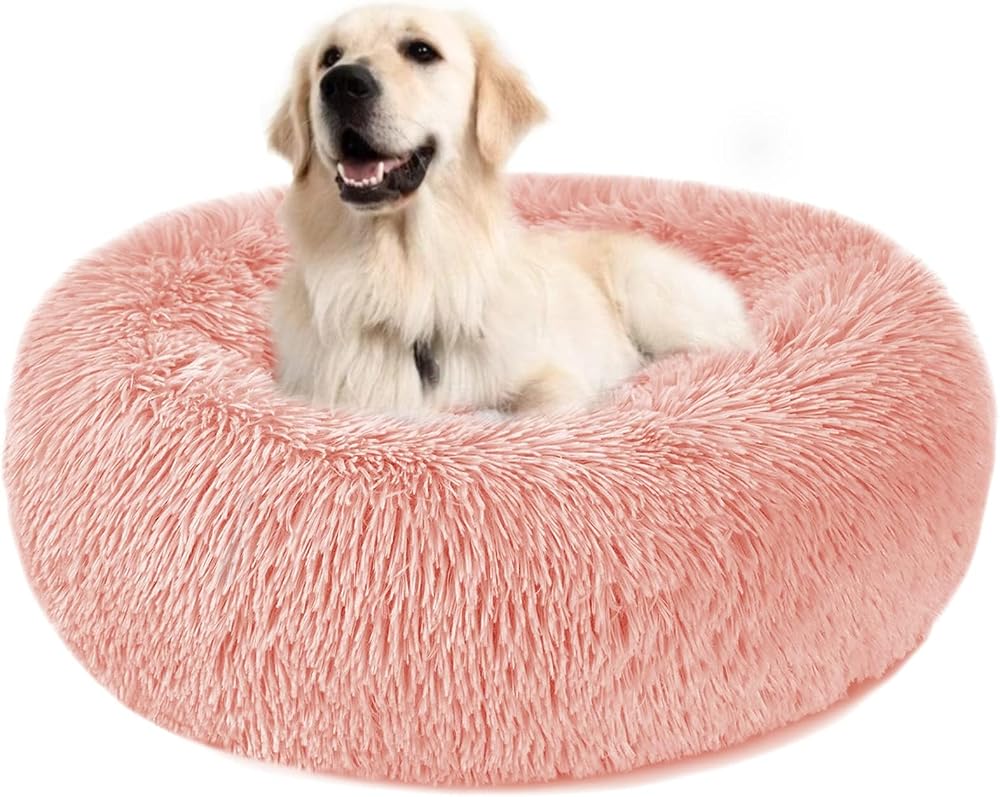 Nepfaivy Calming Donut Bed for Dogs Cats 27.5in Pink Non-Slip Washable