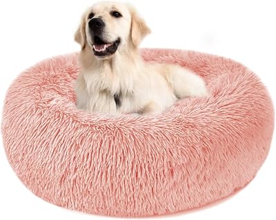 Nepfaivy Calming Donut Bed for Dogs Cats 27.5in Pink Non-Slip Washable