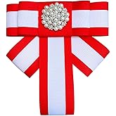 Ribbon Bow Tie Elegant Pearl and Crystal Bow Brooch, Red and White Striped Ribbon, Decorative Fashion Pin with Rhinestone Center, Sorority Paraphernalia Brooch Pin for Women, Greek Organization, Delta Sigma Theta Sorority Inspired for D9 Events, Conferences, Luncheons, J13