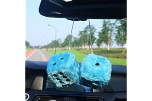 Fuzzy Plush Dice with Dots Car Mirror Hanging Ornament，3 inch Pair of Retro Square Mirror Hanging Decoration Rear View Mirror