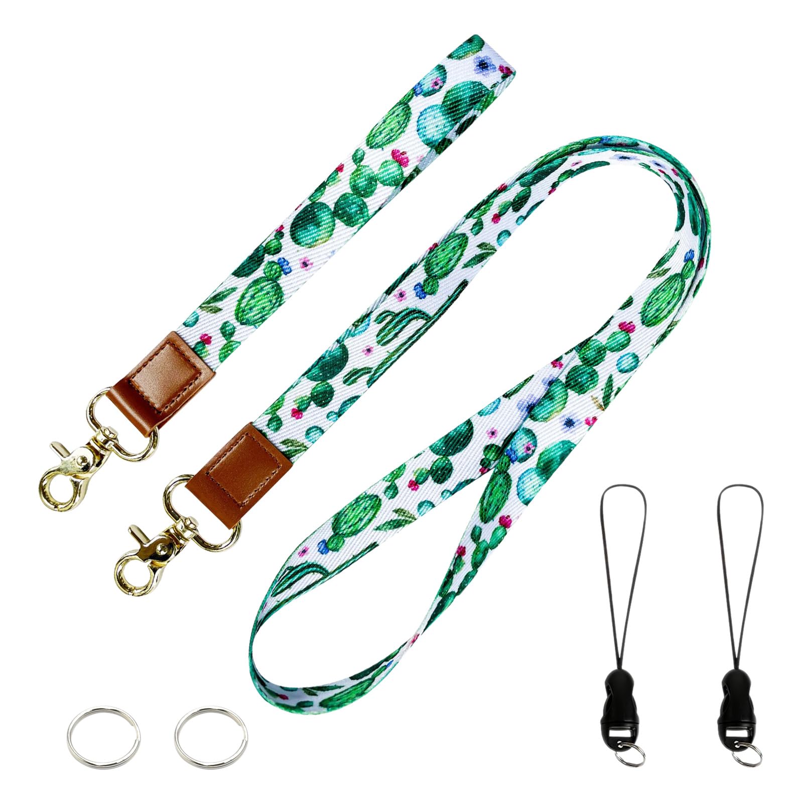 PAITOK Neck Lanyard & Wrist Lanyard Strap Set with Metal Clasp personalised lanyard with Two Metal Key Rings for ID Badge Holder Keys Charms(Cactus)