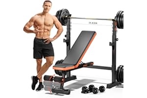 Fostoy Weight Bench, 770lbs Bench Press With Squat Rack, Adjustable Weight Benches for Home Gym, Olympic Workout Bench for Full Body Fitness, Flat Incline Bench With Removable Foot Catch