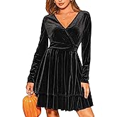 CUPSHE Women Fall Dresses Velvet Cocktail V Neck Long Sleeve Elastic Waist Flare Skater Mini Dress