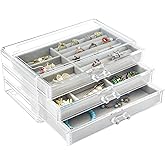 Weiai Acrylic Jewelry Box 3 Drawers, Velvet Jewellery Organizer, Earring Rings Necklaces Bracelets Display Case Gift for Women, Girls