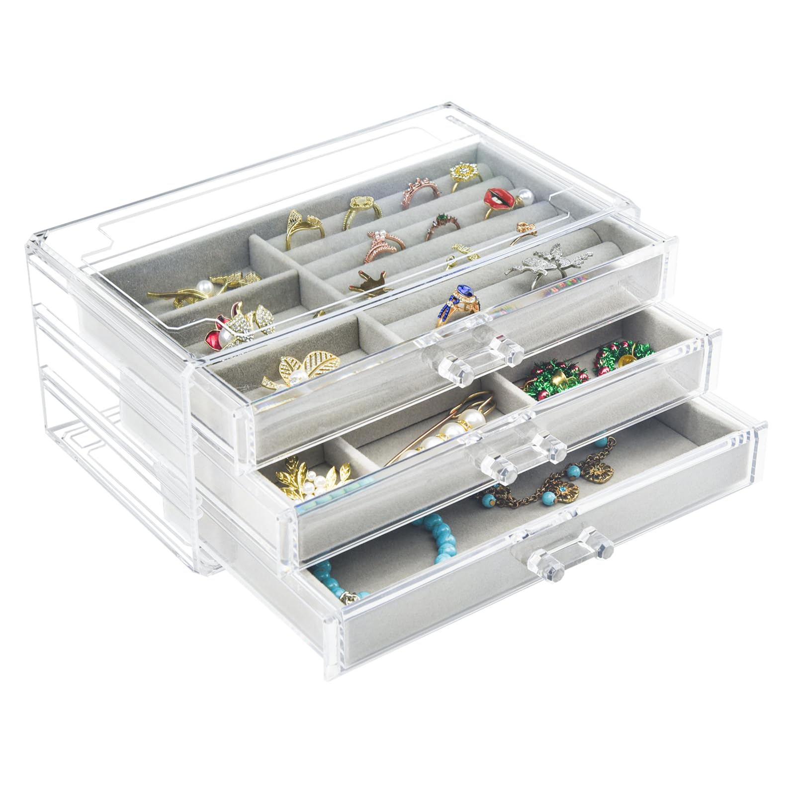 Photo 1 of Acrylic Jewelry Box 3 Drawers, Velvet Jewellery Organizer, Earring Rings Necklaces Bracelets Display Case Gift for Women, Girls