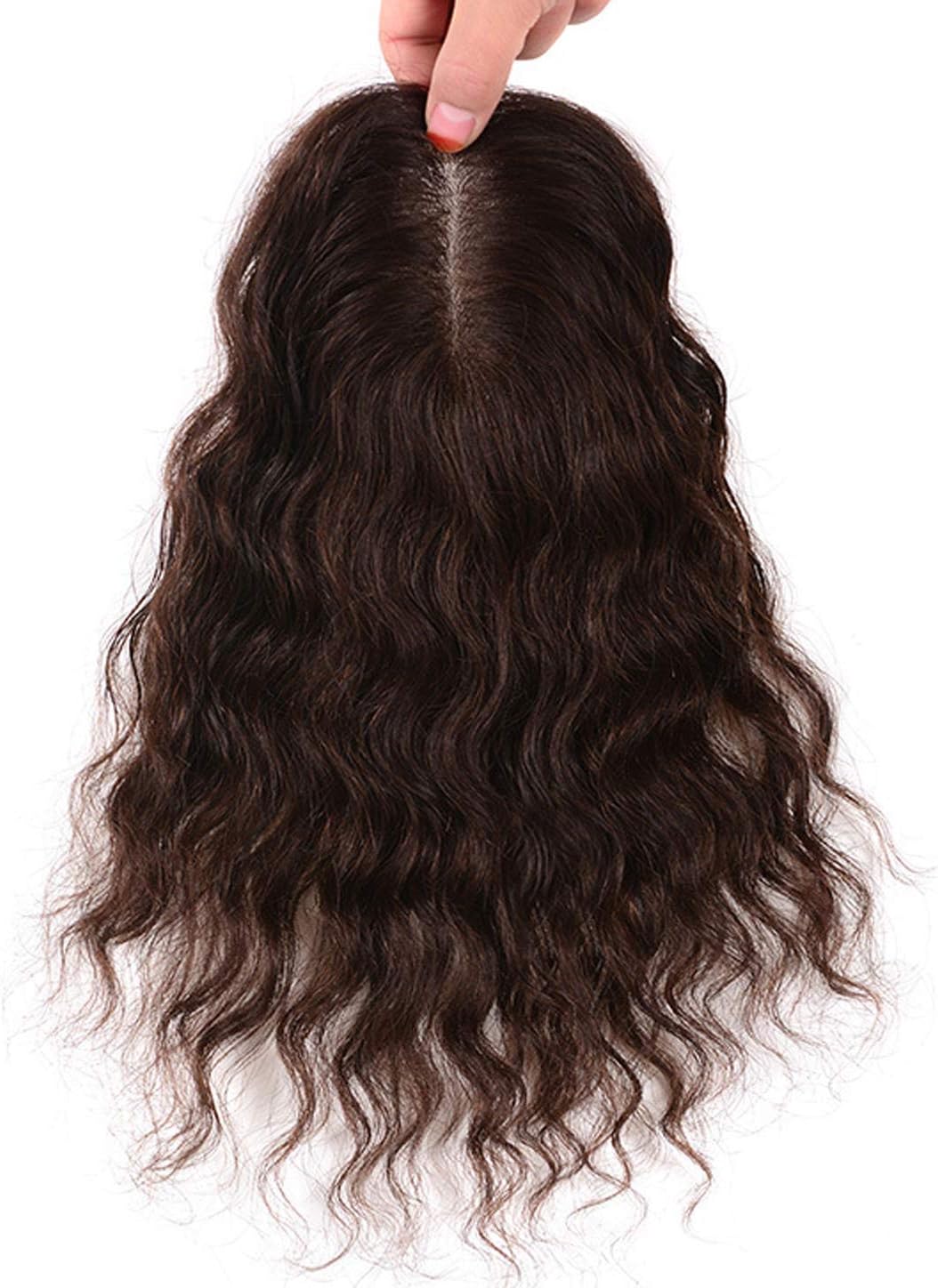 TOPJIN Womens' 10" Seamless Clip in Curly Human Hair Extensions Hair Toppers Top Toupee Hairpiece for White/Loss Hair Dark Brown