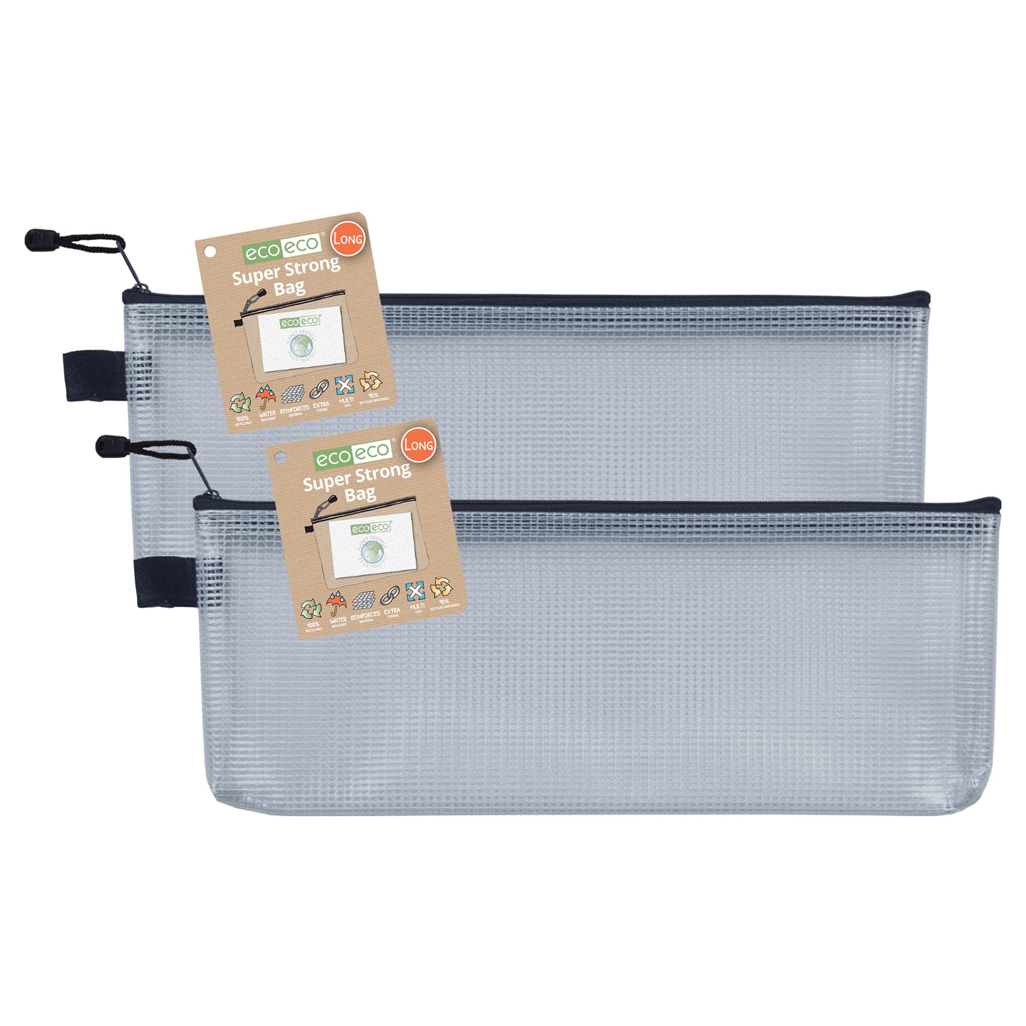 eco-eco Long 95% Recycled Super Strong Bag, Waterproof Mesh Tuff Bag, Reinforced Black Zip Closure Pencil Case 33x12.7cm, 13x8 inch, Pack of 2, eco123x2