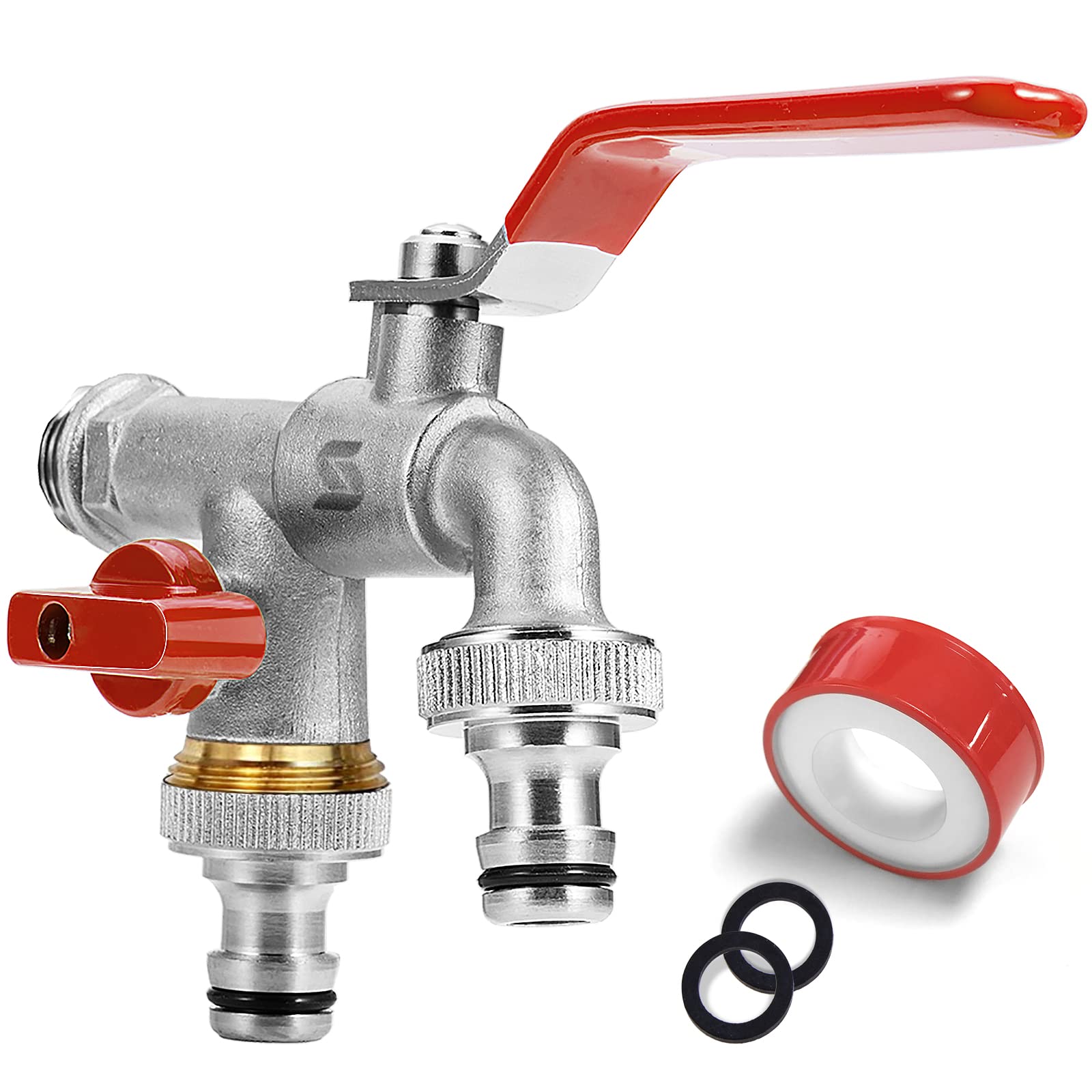 SPGOOD Garden tap, double outlet tap, 1/2 inch, made of brass, rust and frost-proof, with 2 x 3/4 inch outlets, double connection and hose nozzle for garden, washing machine (red)