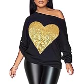 PESION Womens Off The Shoulder Tops Sexy Shiny Metallic Shirts Long Sleeves Fashion Graphic T-Shirts Blouses